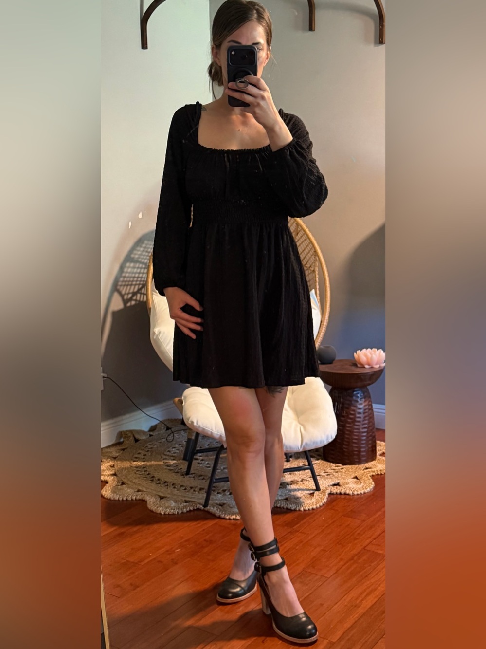 Francesca's Collections Black Smocked Long-Sleeve Mini Dress